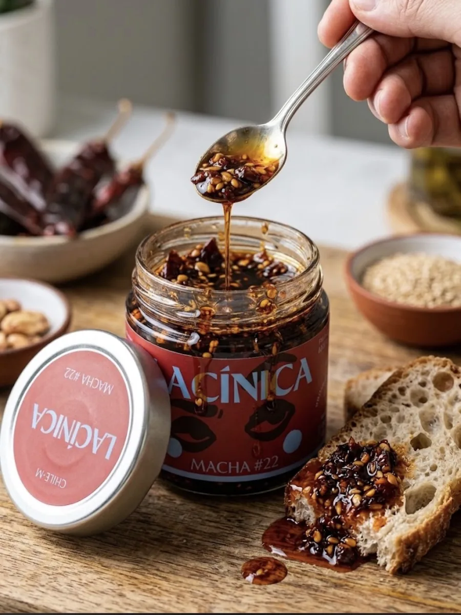 Una cuchara chorreando salsa sobre pan, con chiles y sésamo